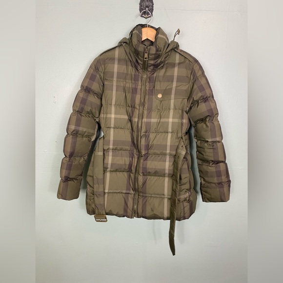 Burberry Brit Plaid Belted‎ Puffer Jacket Size Large Down Olive Green - Picture 1 of 16